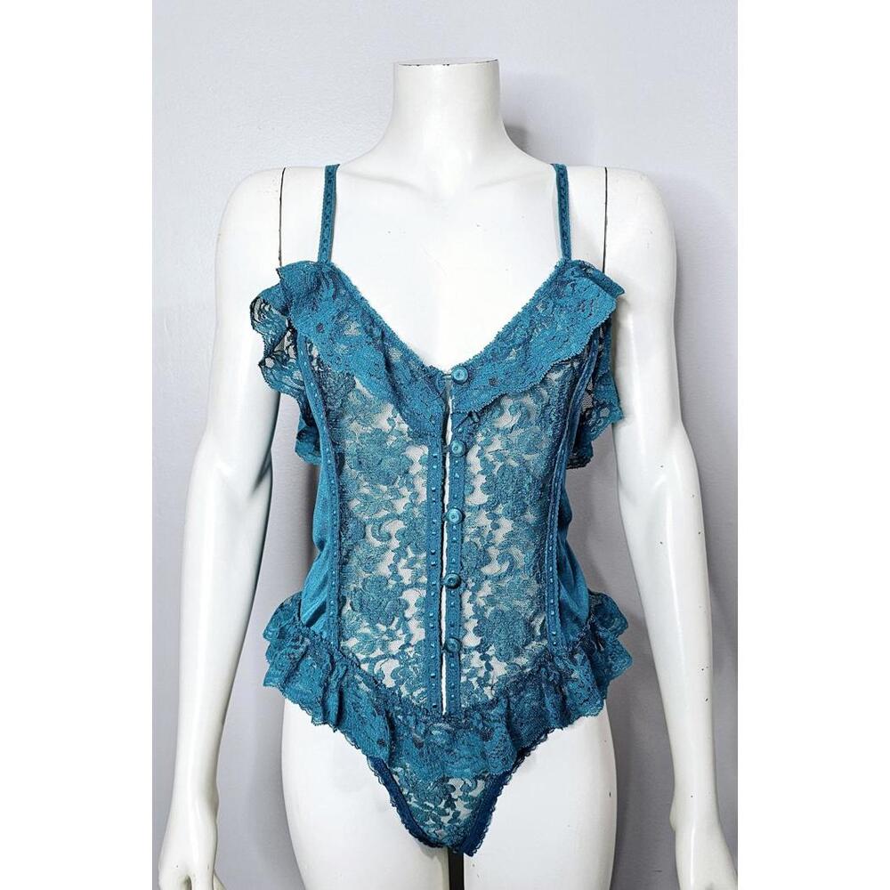 Vintage 1970s Sexy Lace Bodysuit: Teal Teddie Lingerie